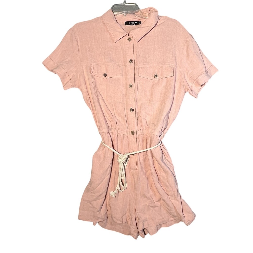 Blue B Collection Women's Pink Collared Button Front Tie Waist Romper Size M